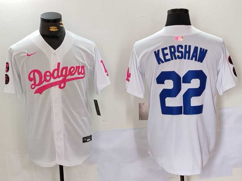 Men%27s Los Angeles Dodgers #22 Clayton Kershaw White Pink Vin & Kobe Patch Stitched Baseball Jersey